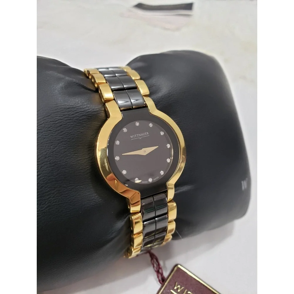 Wittnauer 12P103 Black Ceramic Gold Plated Diamond Women's Watch $675 12 Diamond